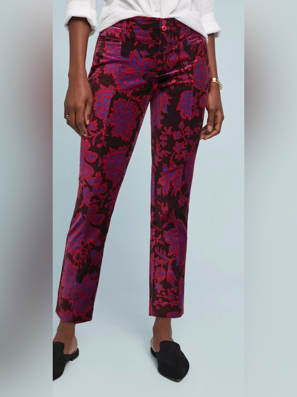 Anthropologie Floral Velvet slim Skinny Pants in Burgundy & Fuchsia